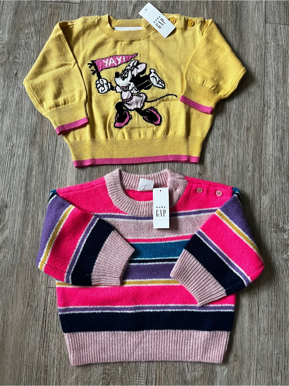 Bundle BabyGap Happy Stripe & Disney Minnie Mouse Intarsia Sweater Pink Yellow
